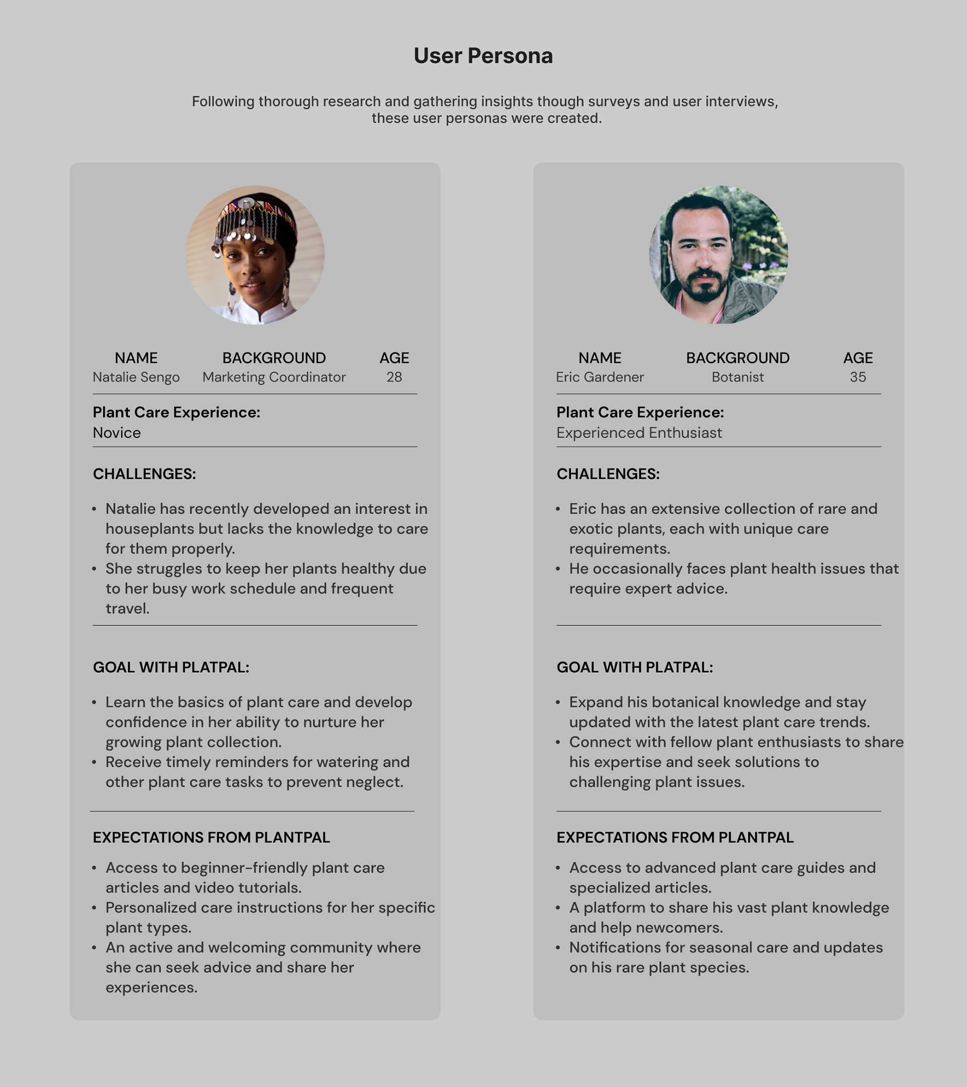 PlantPal user personas: Natalie Sengo, novice plant parent, and Eric Gardener, experienced botanist