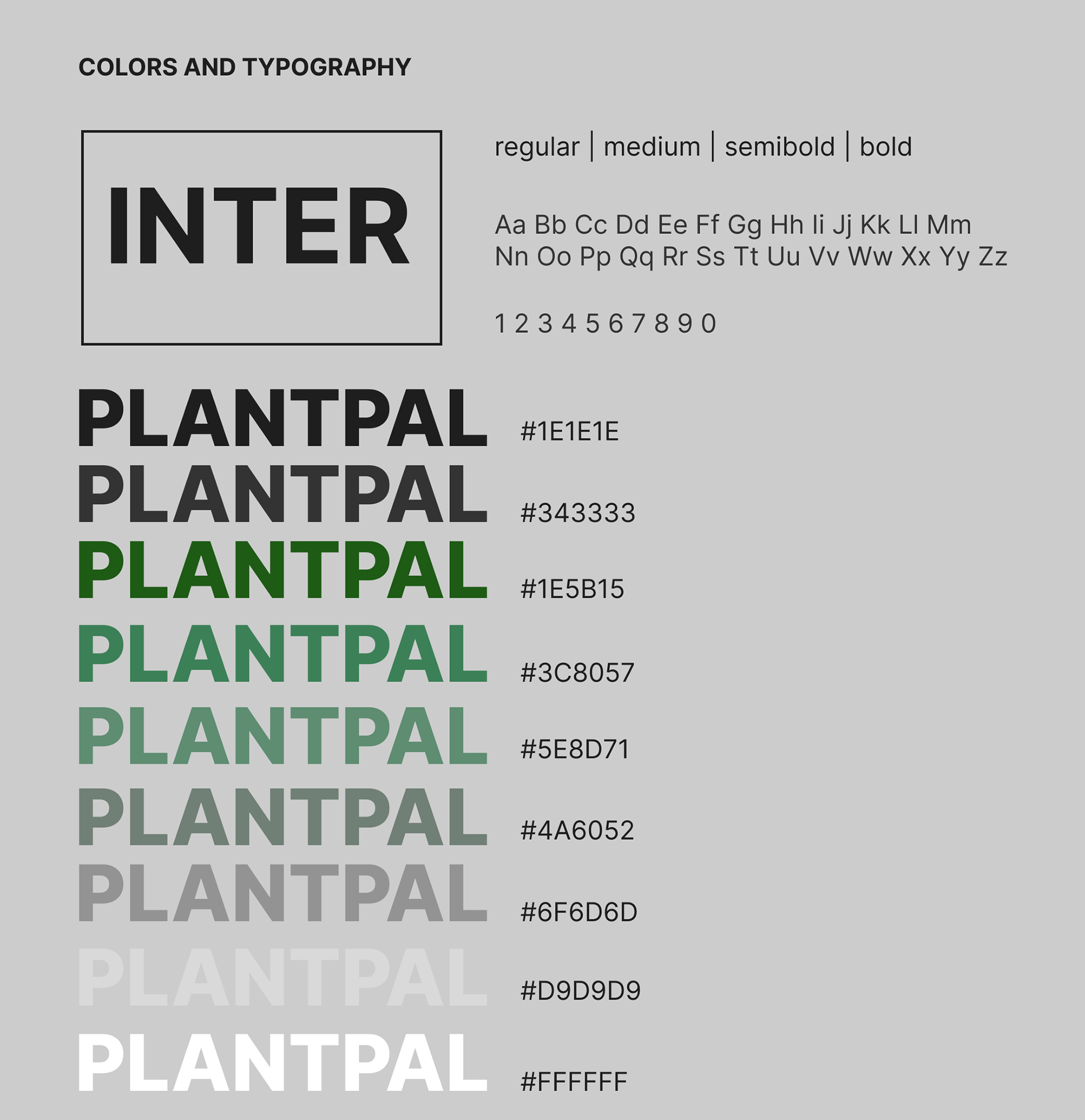 PlantPal colors and typography — Inter typeface and green color scale